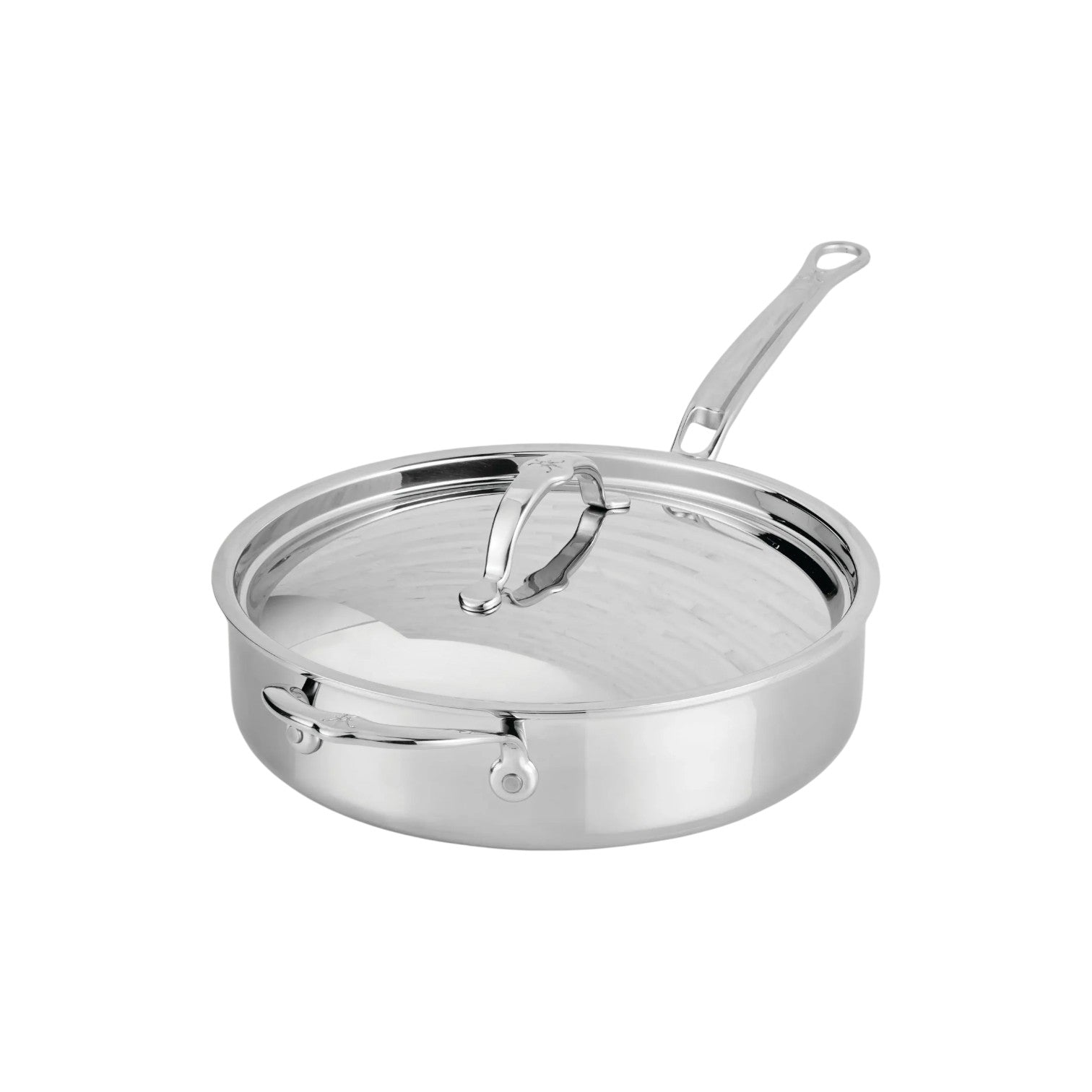 This Italian-made Hestan ProBond® Luxe™ Collection sauté pan with lid and long handle is displayed on a white background.
