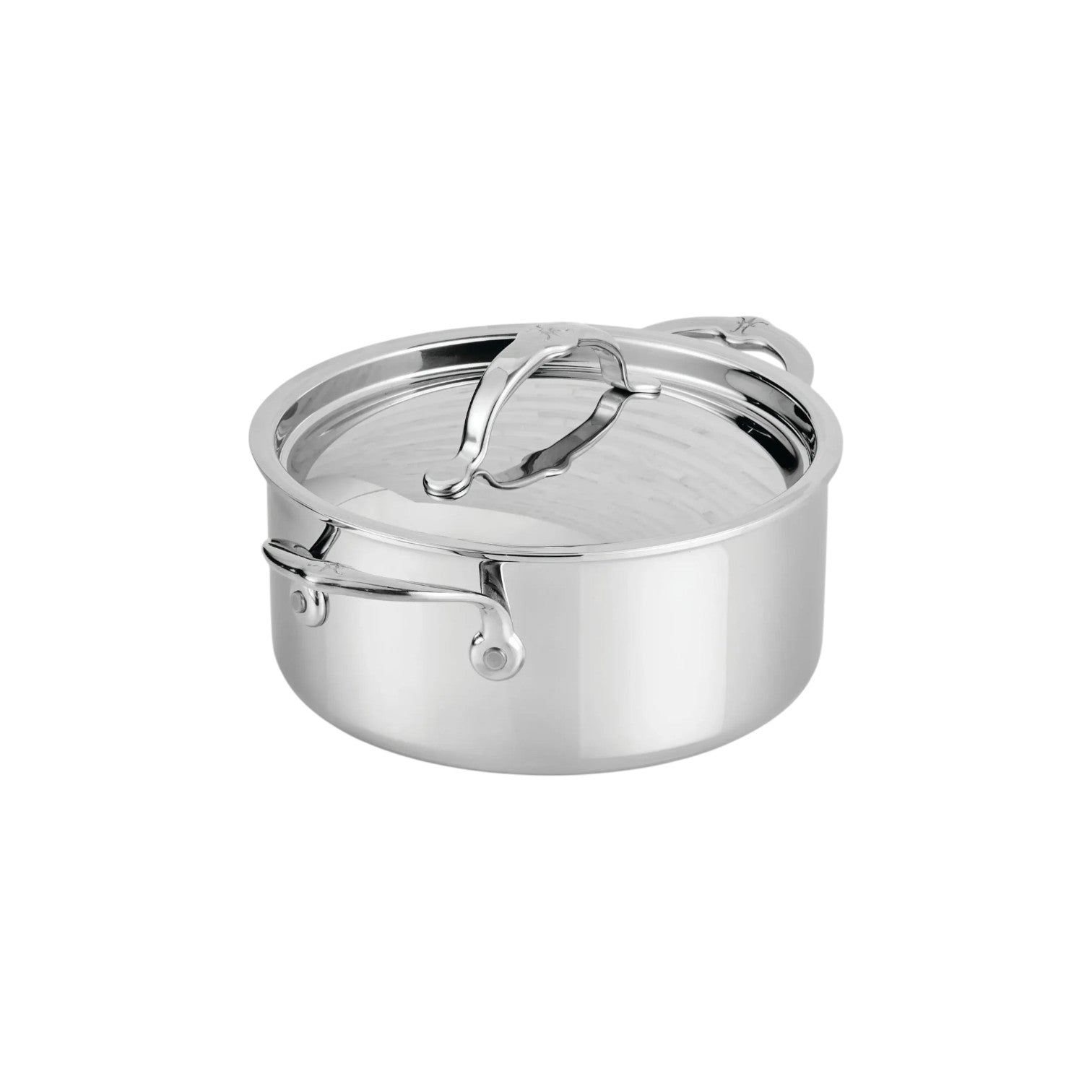 The Hestan ProBond® Luxe™ Collection saucepan with lid and double handles exemplifies premium Italian-made cookware, shown against a white background.