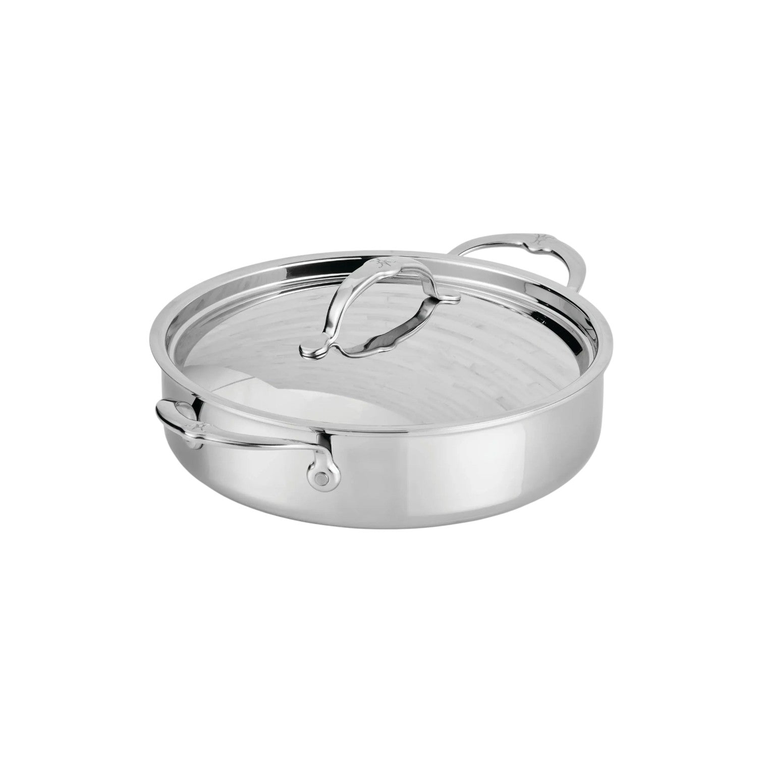 A Hestan ProBond® Luxe™ Collection stainless steel sauté pan with lid and two handles is shown on a white background.