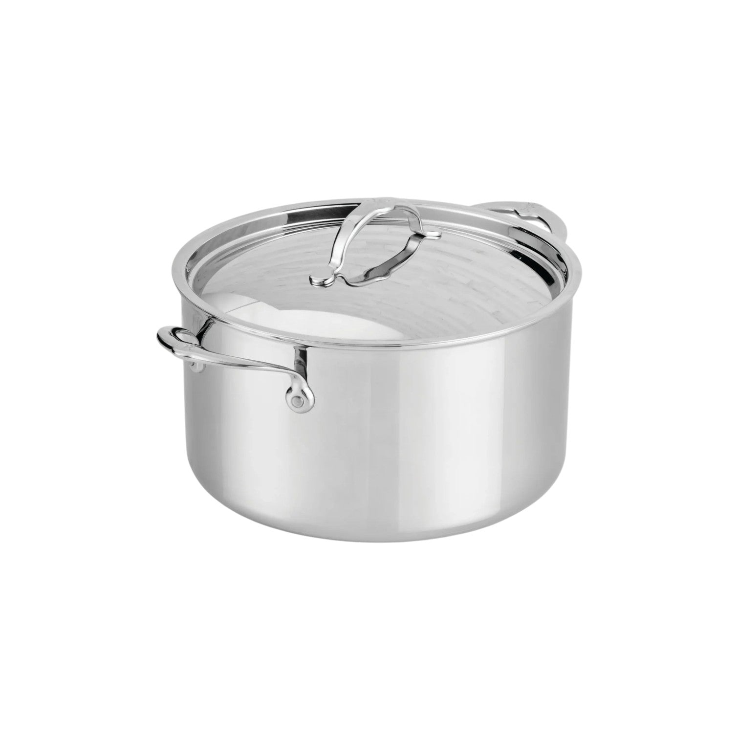 A Hestan ProBond® Luxe™ Collection stockpot with handles and matching lid sits on a plain white background, highlighting the quality of Italian-made cookware.