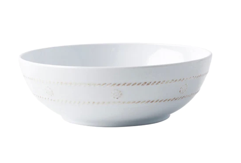 The Juliska Berry & Thread Melamine Whitewash Dinnerware Collection features a white bowl with a subtle embossed Berry & Thread motif, shown on a plain white background.