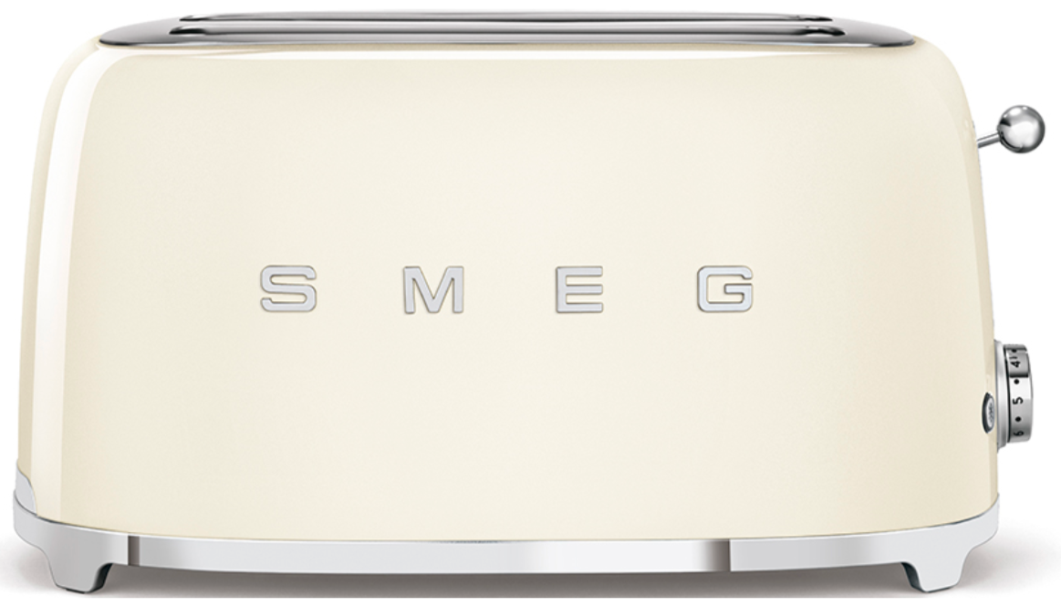 A cream-colored Smeg SMEG 4-Slice Toaster Collection with two slots and 6 browning levels.