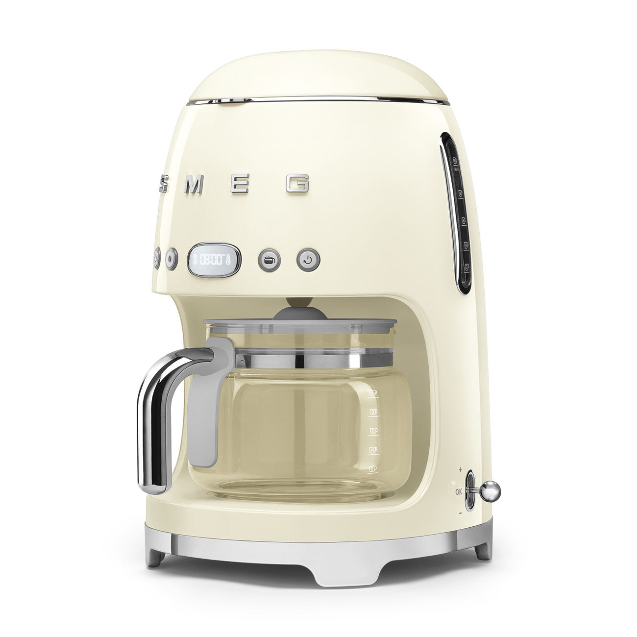 A cream-colored coffee maker from the SMEG Drip Filter Coffee Machine Collection by Smeg features a glass carafe, a digital display clock on the front, and a 10-cup capacity.