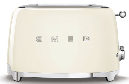 A white Smeg toaster with wide slots for different browning levels.