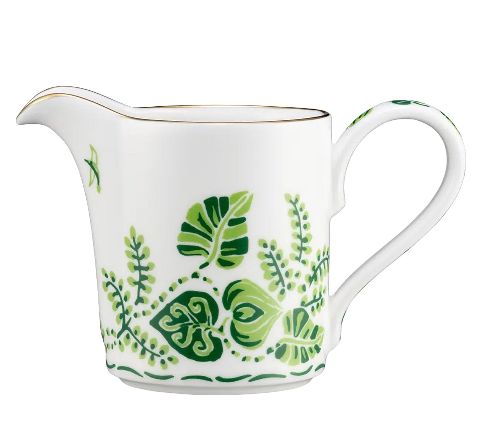 The Cobblers Cove Calypso Cream Pitcher by Royal Crown Derby features a handle and is adorned with vivid green leaf and fern patterns plus a slim gold rim—an elegant piece inspired by English fine bone china.