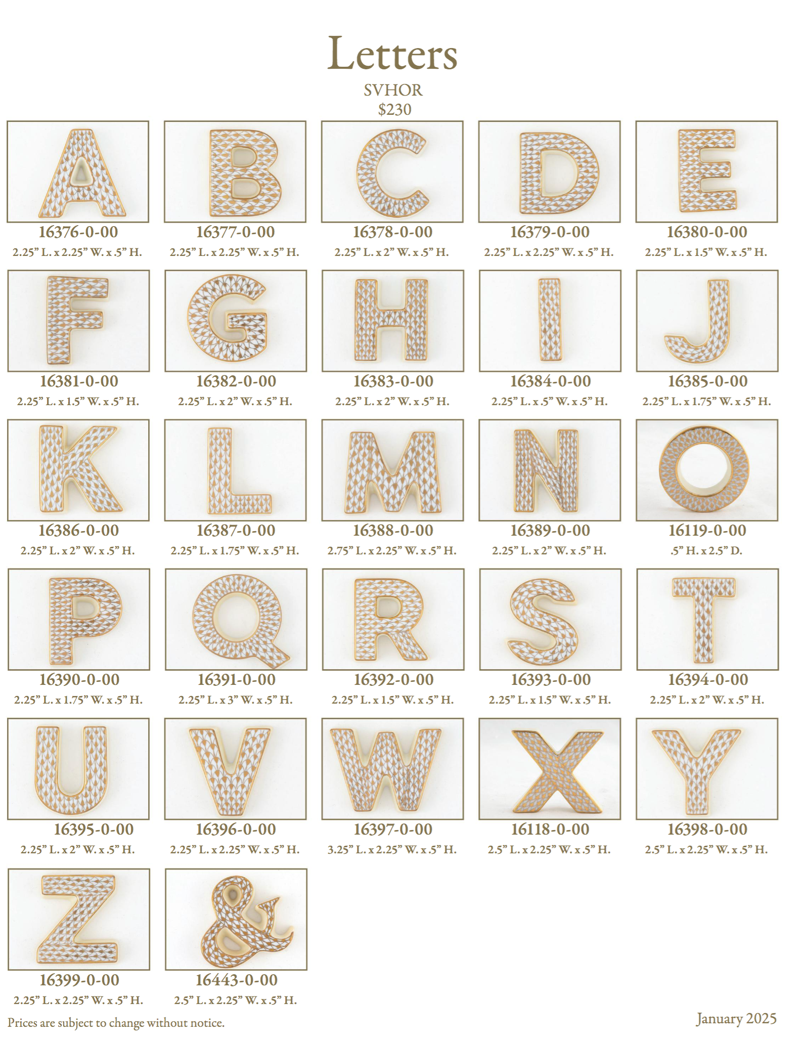 A display of Herend Letters, A to Z and an ampersand, each with hand-painted designs, product numbers, dimensions, and prices shown below; catalog dated January 2025.