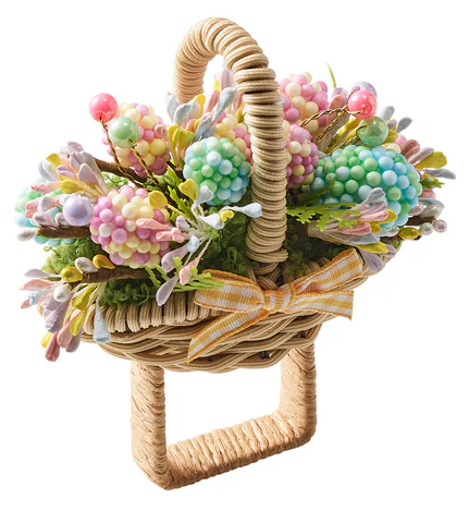 The Kim Seybert Bloom Napkin Ring in Natural/Multi features colorful artificial berries, green leaves, and a yellow plaid ribbon—perfect for spring gatherings or pairing with a hyacinth bouquet on your table.
