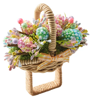 The Kim Seybert Bloom Napkin Ring in Natural/Multi features colorful artificial berries, green leaves, and a yellow plaid ribbon—perfect for spring gatherings or pairing with a hyacinth bouquet on your table.