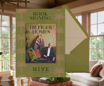 Poster promoting "An Afternoon with Dee & Tommy Hilfiger at Hive" by HIVE, showing the couple seated on a sofa at West Palm Beach's HIVE Home, Gift & Garden, surrounded by palm tree motifs for their book signing event.