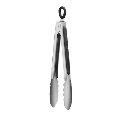 The Cuisinart Stainless Steel Tongs feature scalloped edges, soft-grip handles, and a top locking mechanism for convenient storage.
