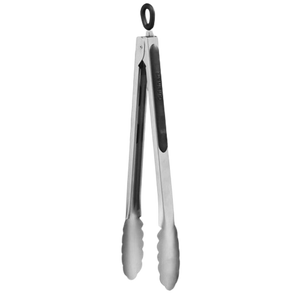 The Cuisinart Stainless Steel Tongs feature scalloped edges, soft-grip handles, and a top locking mechanism for easy storage.