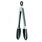 A pair of Cuisinart Silicone Tongs Collection stainless steel tongs with black silicone grips and a top locking mechanism, standing upright against a white background.
