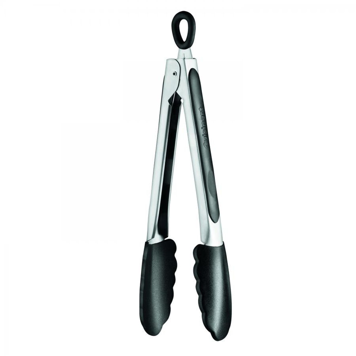A pair of Cuisinart Silicone Tongs Collection stainless steel tongs with black silicone grips and a top locking mechanism, standing upright against a white background.