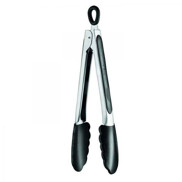 The Cuisinart Silicone Tongs Collection by Cuisinart boasts heat-resistant construction, featuring durable stainless steel with black silicone grips and a handy locking mechanism.