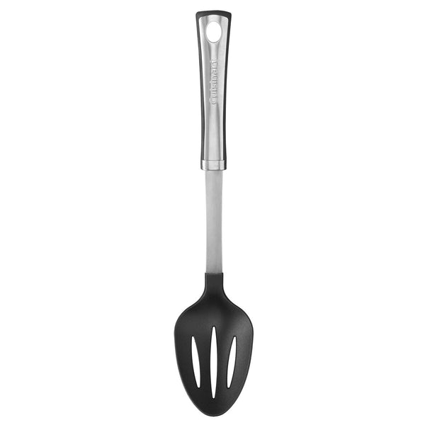 The Cuisinart Chef's Classic Pro Slotted Spoon by Cuisinart features a black nylon tool head ideal for non-stick cookware and a stainless steel, ergonomic handle with a hanging hole. The entire utensil is dishwasher safe for easy cleaning.