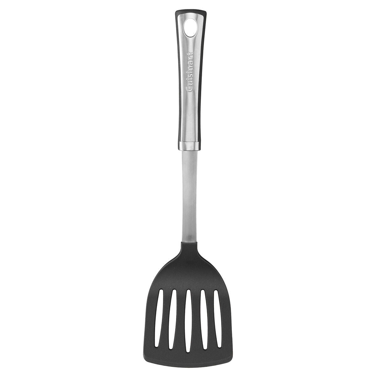 The Cuisinart Chef's Classic Pro Slotted Turner features a stainless steel and black design, heat-resistant ergonomic handle, and hanging hole, displayed against a white background.