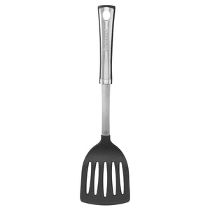 The Cuisinart Chef's Classic Pro Slotted Turner features a stainless steel and black design, heat-resistant ergonomic handle, and hanging hole, displayed against a white background.