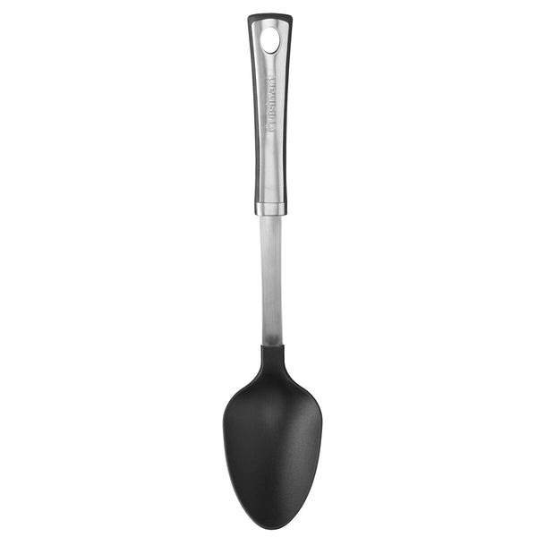 The Cuisinart Chef's Classic Pro Solid Spoon is a heat-resistant kitchen utensil made of stainless steel and black nylon, featuring an ergonomic handle with a hanging hole.