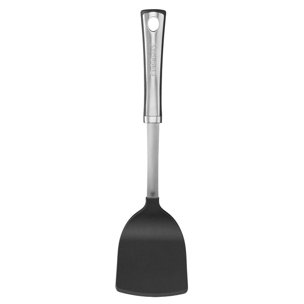 The Cuisinart Chef's Classic Pro Solid Turner by Cuisinart has a black finish, a sleek stainless steel ergonomic handle for comfort, and a loop for easy hanging. It's heat resistant, making it perfect for versatile kitchen use.