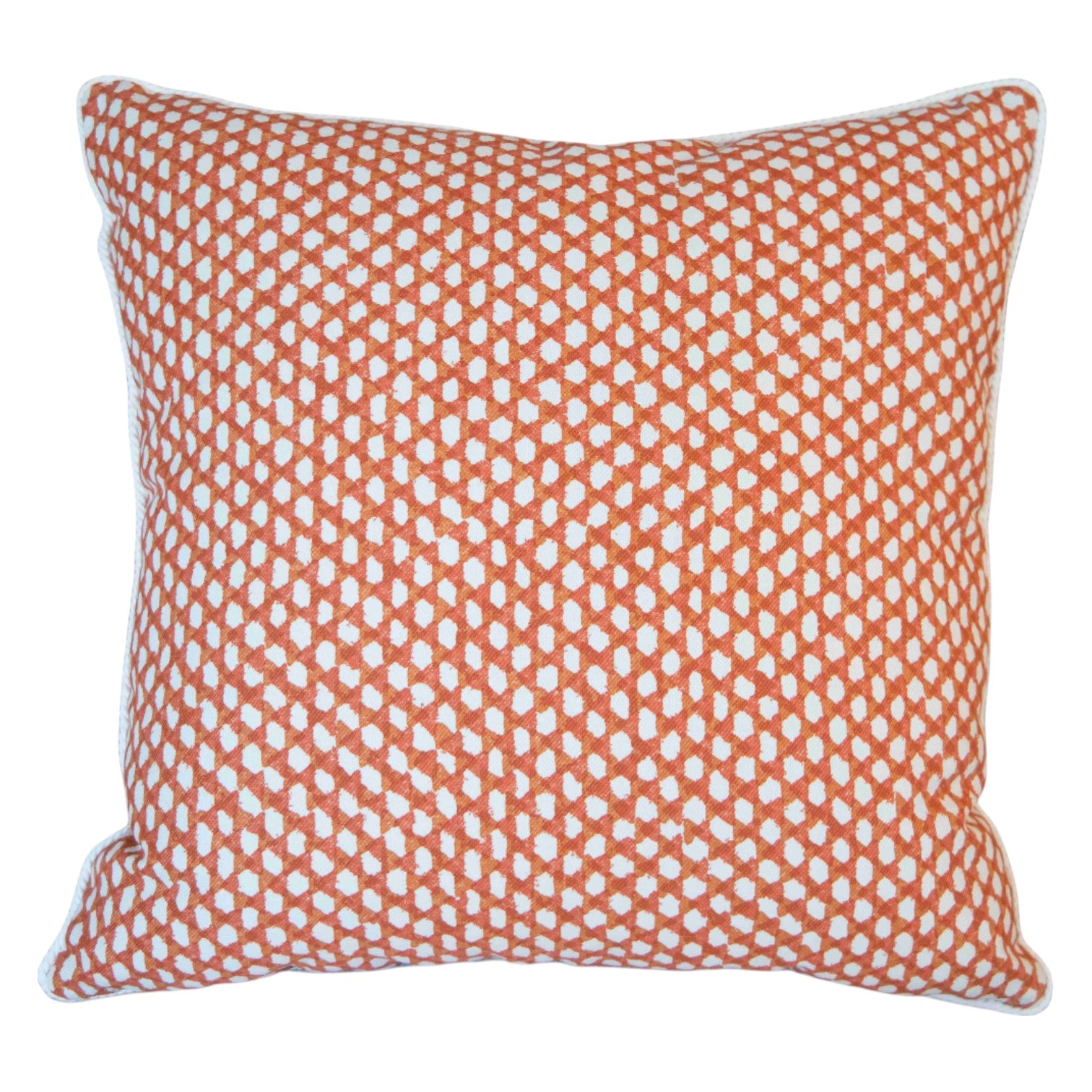 The Mandarin Wicker Outdoor Pillow by Associated Design features an orange and white geometric dot pattern, expertly crafted for a luxurious touch.