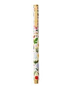 A white pen with gold accents from the Curio Desk Accessory Collection by Riffle Paper Co. features a vibrant floral and botanical design with illustrated bugs—great for garden lovers; clip displays the brand label.