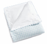The Gooselings Picnic Gingham Blue Toddler Duvet features a blue and white gingham pattern on one side and plain white scalloped fabric on the other—ideal as a cozy layer for a big-kid bed or toddler duvet.