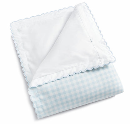 The Gooselings Picnic Gingham Blue Toddler Duvet features a blue and white gingham pattern on one side and plain white scalloped fabric on the other—ideal as a cozy layer for a big-kid bed or toddler duvet.