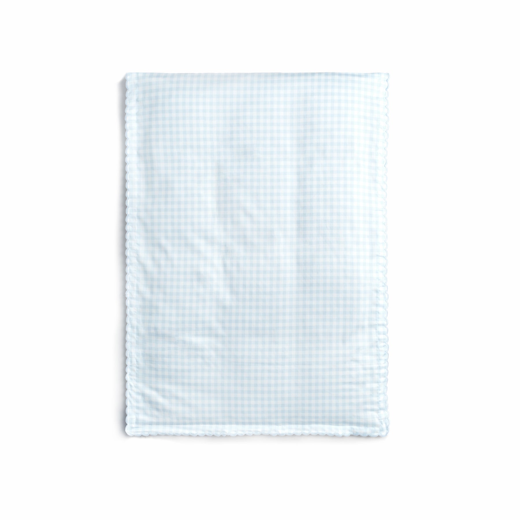 The Gooselings Picnic Gingham Blue Toddler Duvet, featuring a light blue and white gingham pattern, is shown laid flat—ideal as a cozy quilted blanket or toddler bedding.