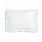 The Gooselings Picnic Gingham Blue Toddler Pillow features a white rectangular pillowcase with scalloped edges and light blue trim, ideal for kids' bedding, displayed against a plain white background.