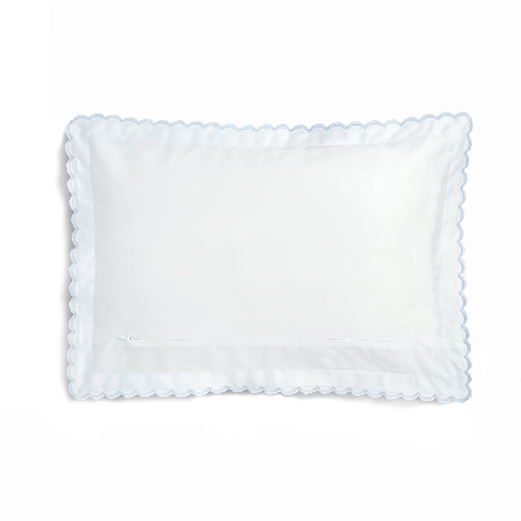The Gooselings Picnic Gingham Blue Toddler Pillow features a white rectangular pillowcase with scalloped edges and light blue trim, ideal for kids' bedding, displayed against a plain white background.