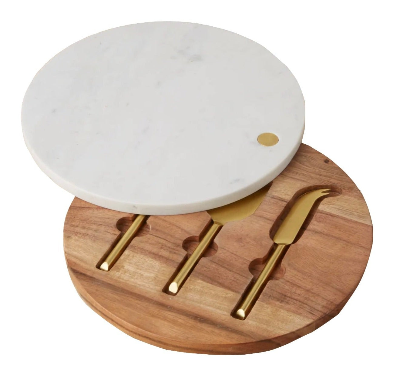 The Garnet Swivel Board and Cheese Set by Be Home features a round marble board with a wooden base and three gold cheese knives stored in wood slots—an elegant, ethically crafted set for any occasion.