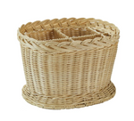 The Amanda Lindroth Rattan Wine Holder features a braided rim and four compartments for stylish wine storage—a handcrafted wicker piece shown on a white background.