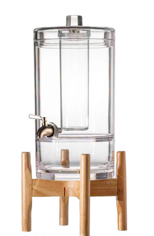 The Bold Aloha Acrylic Beverage Dispenser and Stand features a sturdy wooden base and metal spigot, ideal for serving fruit-infused drinks, displayed against a clean white background.