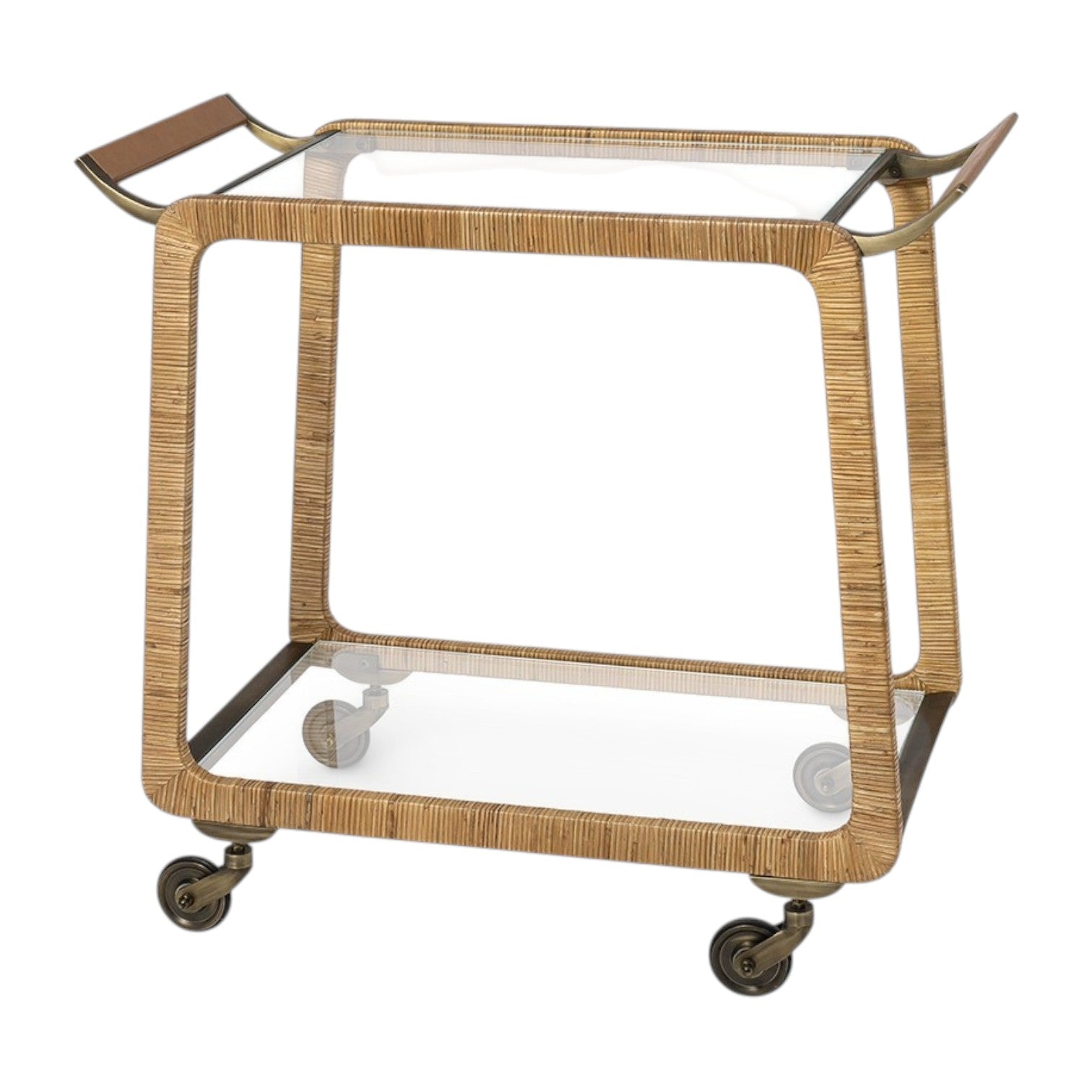The PALECEK Woodford Bar Cart features a rectangular gold and glass design with a glass shelf, curved handles, brass-finished hardware, and four caster wheels.