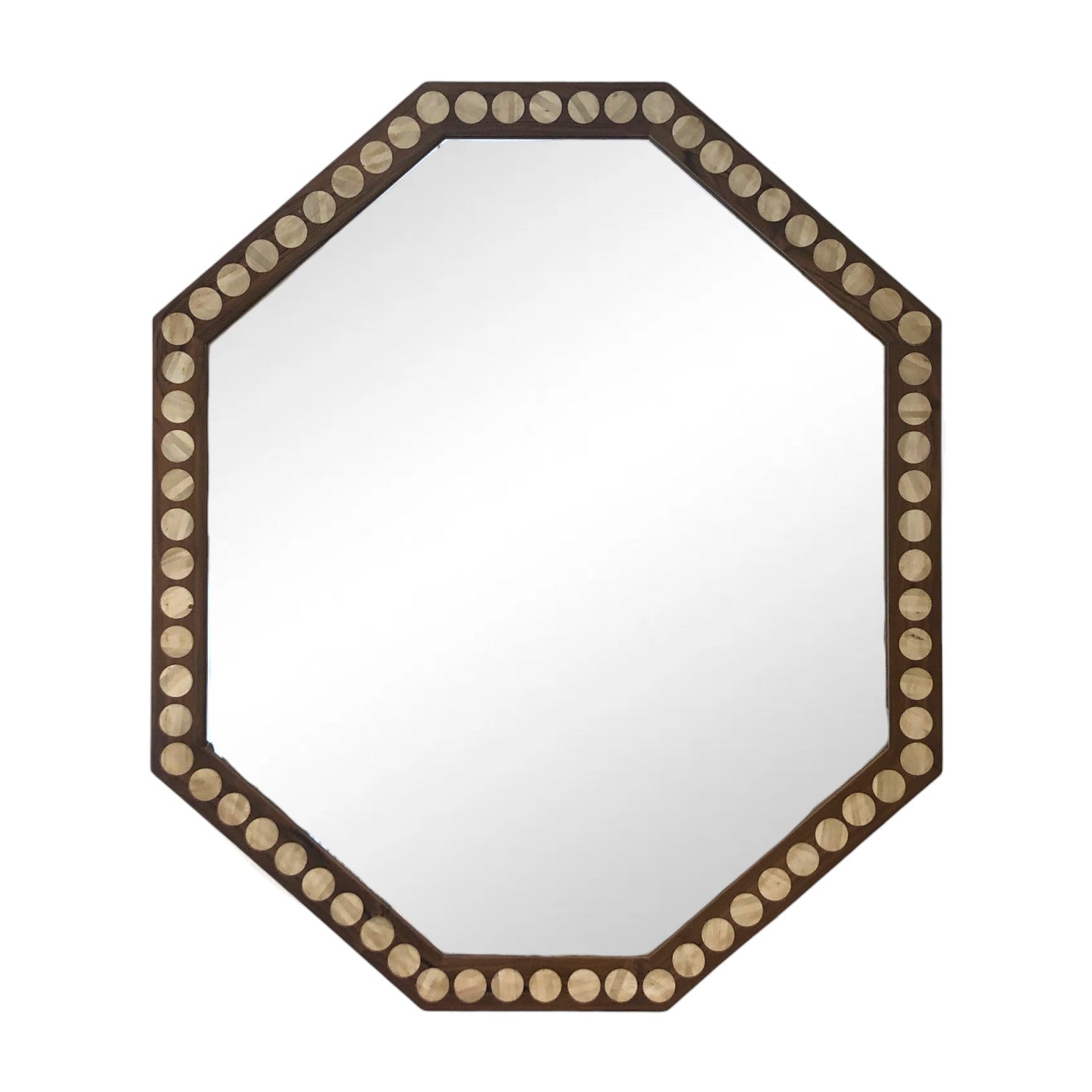 The Hive Large Octagonal Wood Inlay Mirror features a dark brown frame and round metallic accents, creating a bold geometric statement piece for any room.