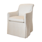The Lindsay Chair by Hickory Chair is an upholstered armchair featuring a patterned fabric, skirted base, cushioned seat, and curved armrests; this versatile host chair is shown against a white background.
