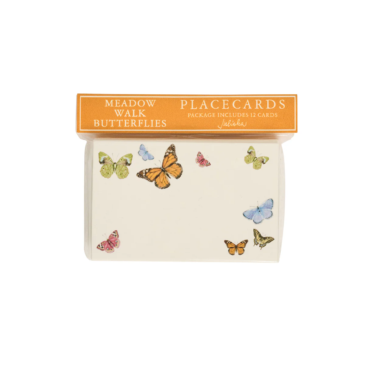 The Juliska Meadow Walk Butterfly Place Card Set includes 12 cards with illustrated butterflies on the front—ideal for table settings at garden parties.