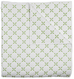 The Layla Bedding Collection by John Robshaw features a folded white quilt adorned with a repeating green geometric pattern inspired by Mughal gardens; the image displays both the front and a corner turned up to showcase the cotton voile backing.