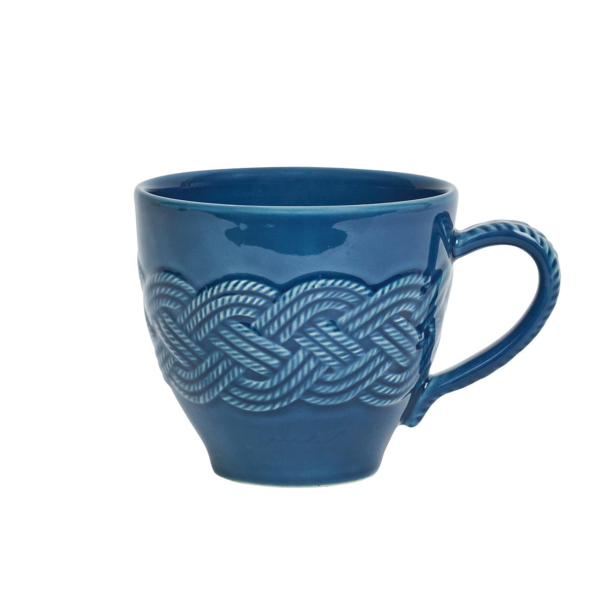 Le Panier Mystic Knot Denim mug by Juliska, featuring a braided rope pattern around the middle and a smooth handle, displayed against a white background.