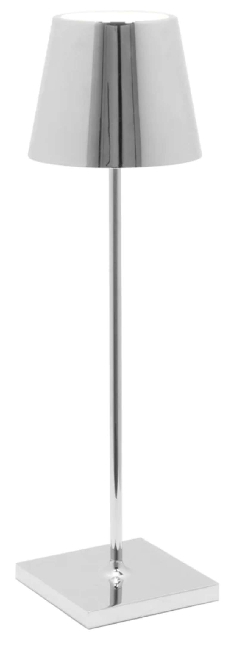 The Poldina Pro Lamp Collection by Zafferano America features modern, metallic rechargeable lamps with conical shades and reflective silver finishes—ideal for stylish, cordless lighting wherever you need it.