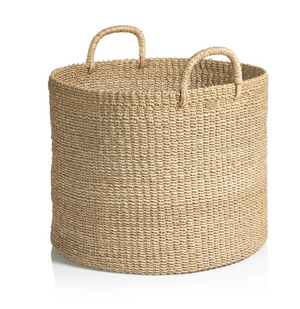 The Camille Round Abaca Basket Hamper by Zodax is a hand-woven basket with two handles, shown upright on a white background—an eco-friendly storage solution that adds natural style to any space.