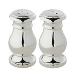 The Ercuis Regards Salt and Pepper Shaker Set from the Elégance Holloware collection stands side by side on a white background, displaying their striking mirror-effect finish.