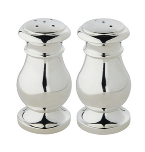 The Ercuis Regards Salt and Pepper Shaker Set from the Elégance Holloware collection stands side by side on a white background, displaying their striking mirror-effect finish.