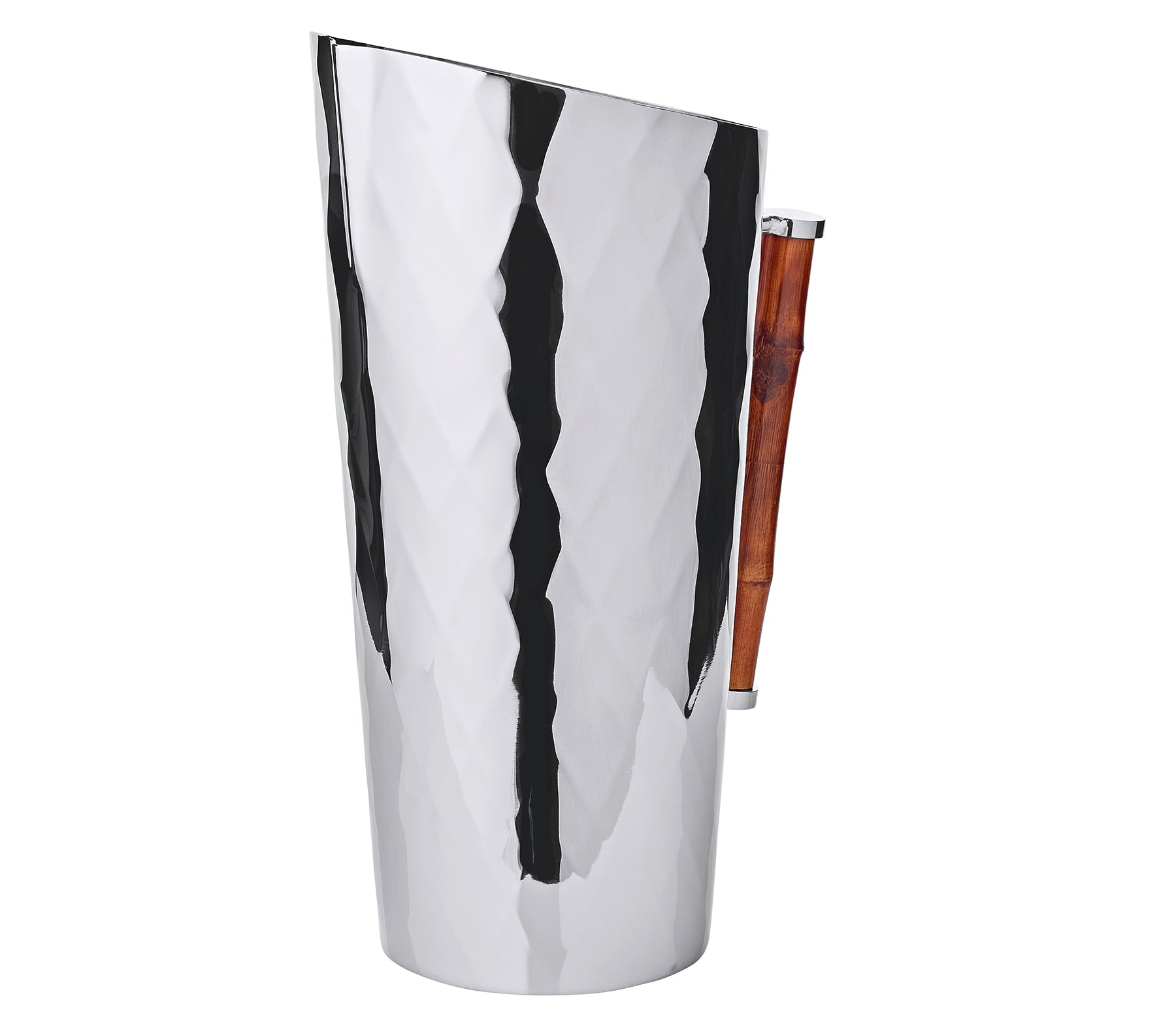 From ezrad’s Bamboo and Stainless Steel Decor Collection, this tall stainless steel pitcher features a hammered texture and a right-side bamboo handle, offering a touch of modern elegance.