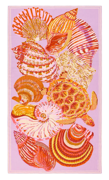 A colorful illustration of various seashells in warm hues, made in India, arranged vertically on a pink background on the Inoui Editions Galapagos Scarf by Inoui Editions.