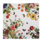 The Field of Flowers White Napkin Set by Juliska features square white fabric napkins adorned with striking floral and butterfly prints in vivid red, yellow, orange, pink, and green hues—an elegant addition that brings a vibrant touch to any table setting.