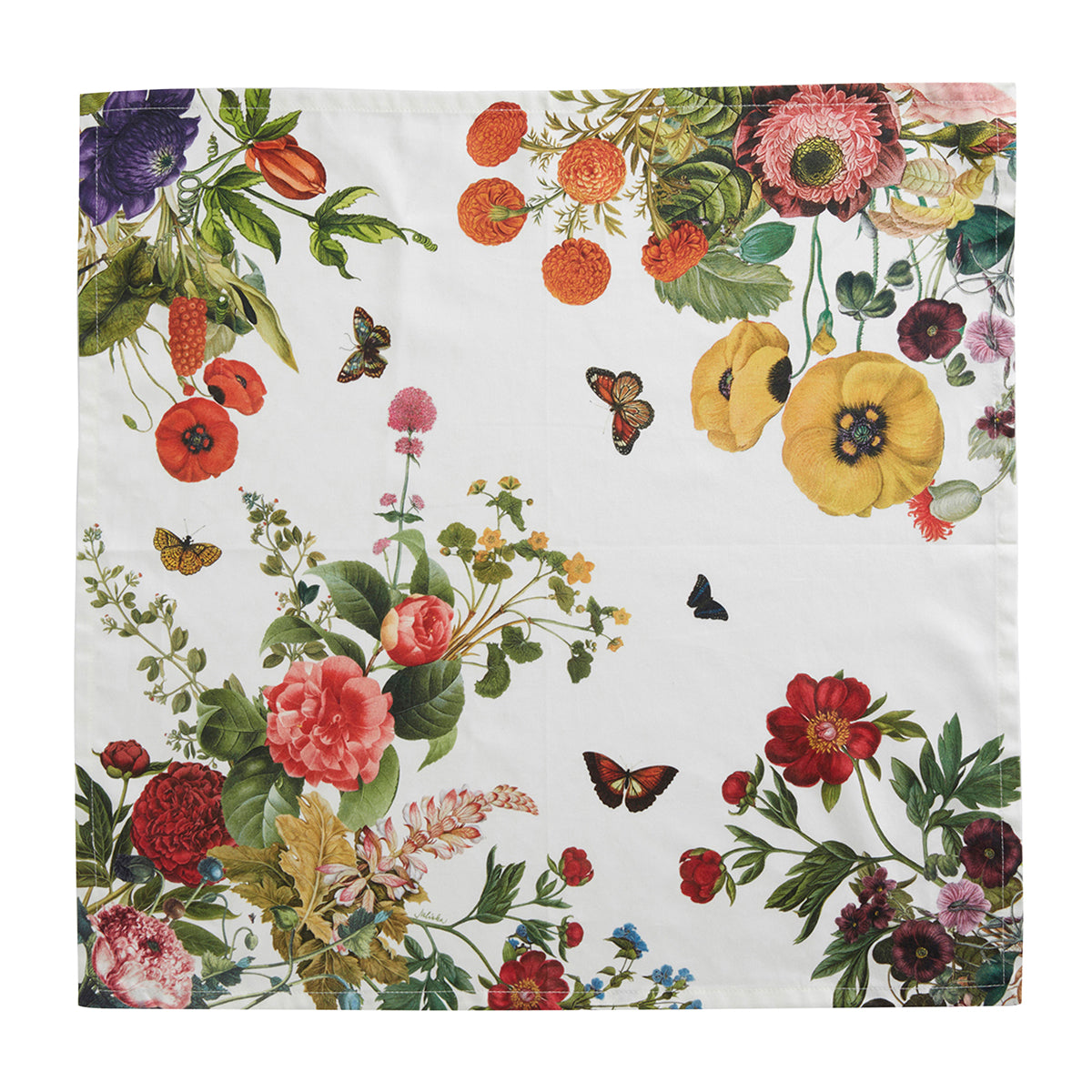 The Field of Flowers White Napkin Set by Juliska features square white fabric napkins adorned with striking floral and butterfly prints in vivid red, yellow, orange, pink, and green hues—an elegant addition that brings a vibrant touch to any table setting.