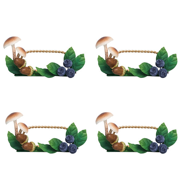 The Juliska Forest Walk Tabletop Collection features four identical frames with mushrooms, blueberries, green leaves, and gold rope accents—ideal as unique place card holders for your next gathering.