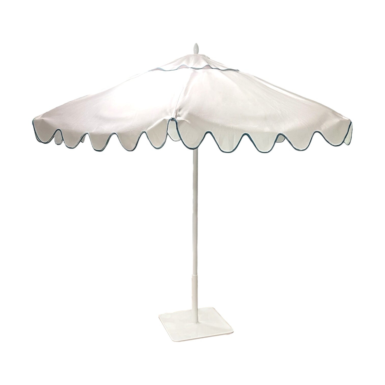 The Montecito Hex Umbrella by Santa Barbara Umbrella features a scalloped edge and square base, standing upright against a white background—perfect for adding luxury to any outdoor space.