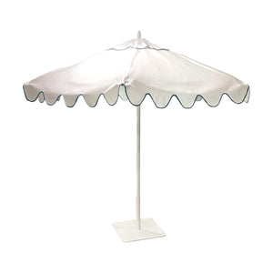 The Montecito Hex Umbrella by Santa Barbara Umbrella features a scalloped edge and square base, standing upright against a white background—perfect for adding luxury to any outdoor space.